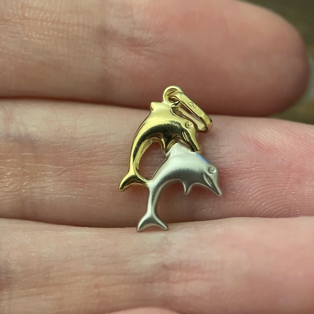 14k solid gold two tone reversible puffy dolphins pendants 3d brushed polished - Picture 3 of 10